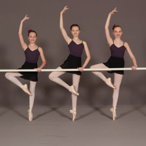 a group of girls in a ballet pose holding bar