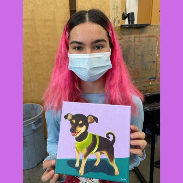 a person with pink hair holding a painting of a chihuahua