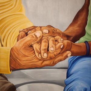 An oil painting of a child's hands held by an elderly person's hands