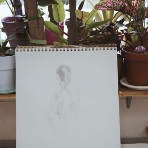A sketchpad containing a drawing of a model's head, shoulders, and back