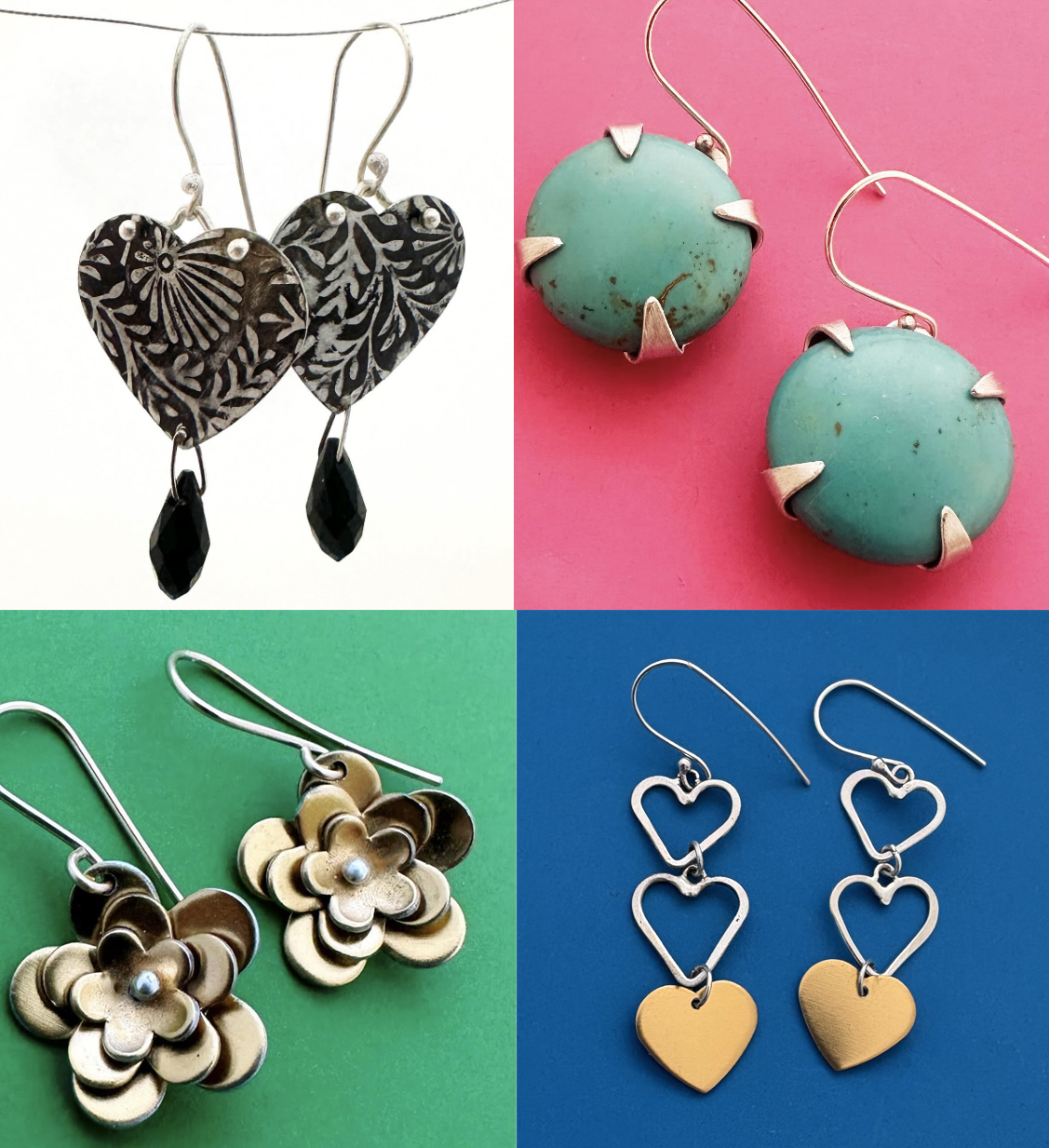 Clockwise from top left: textured silver heart earrings, turquoise earrings, heart shaped wire earrings, and brass flower earrings.